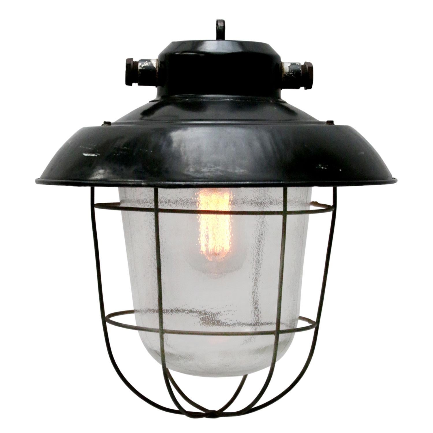 Lampes à suspension industrielles vintage en verre dépoli transparent et émaillé noir