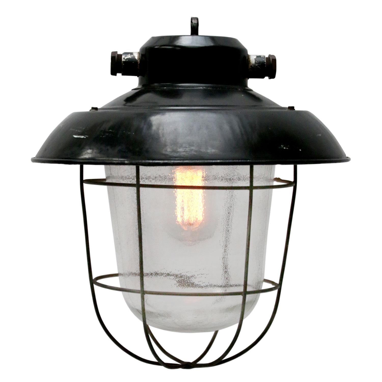 Black Enamel Vintage Industrial Clear Frosted Glass Pendant Lights For Sale