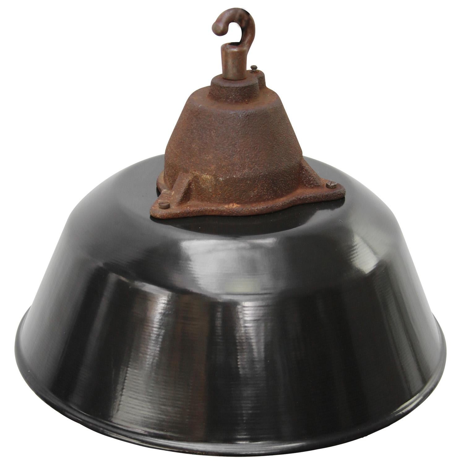 Factory pendant light
Black enamel white interior
Cast iron top with clear glass 

Weight 3.4 kg / 7.5 lb

Priced per individual item. All lamps have been made suitable by international standards for incandescent light bulbs, energy-efficient