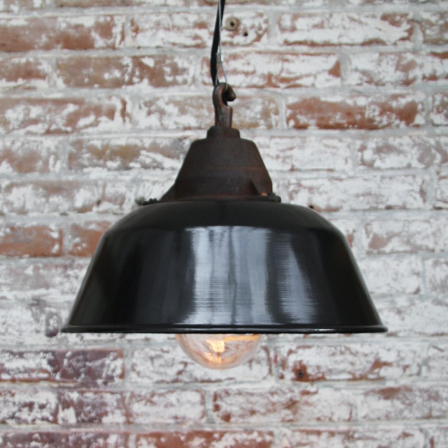 Black Enamel Vintage Industrial Clear Glass Cast Iron Pendant Lights In Good Condition For Sale In Amsterdam, NL