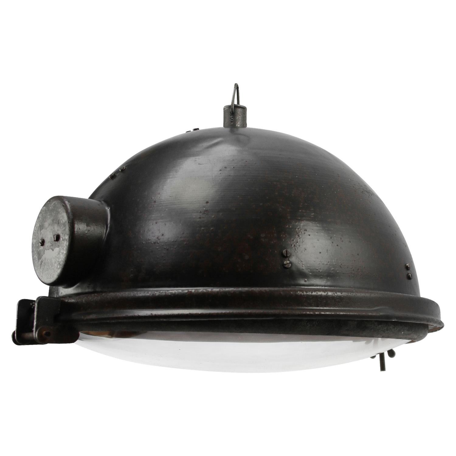 Factory pendant. Black enamel white interior. Cast iron hook.
Clear glass.

Weight: 5.50 kg / 12.1 lb

Priced per individual item. All lamps have been made suitable by international standards for incandescent light bulbs, energy-efficient and