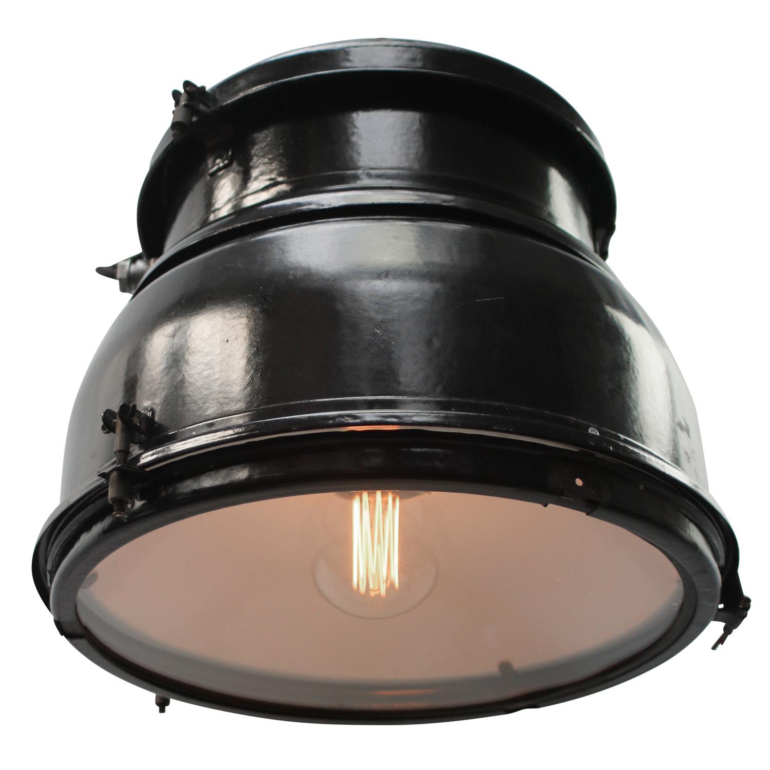 Factory hanging light
Black enamel dark interior
clear glass

Weight: 8.9 kg / 19.6 lb.

Priced per individual item. All lamps have been made suitable by international standards for incandescent light bulbs, energy-efficient and LED bulbs. E26/E27