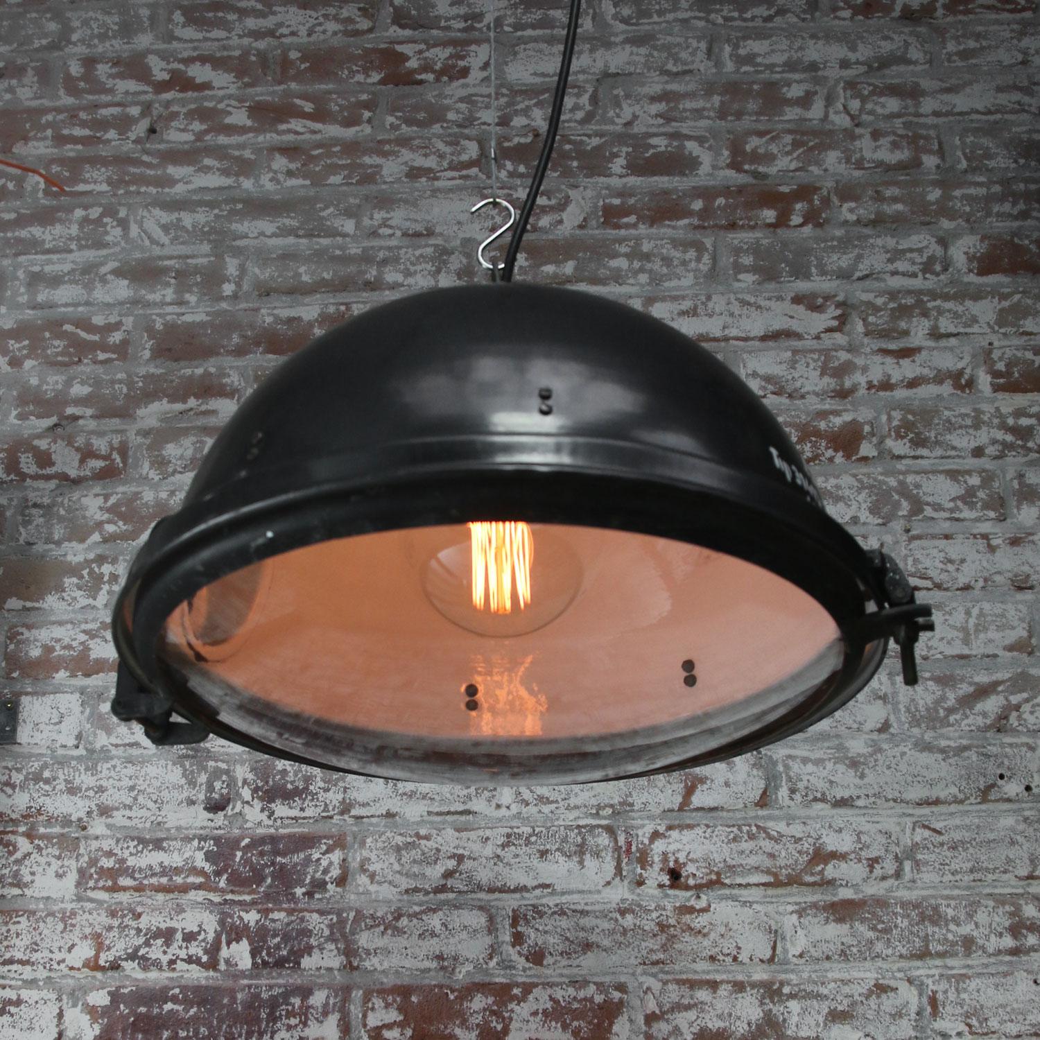 Black Enamel Vintage Industrial Clear Glass Pendant Lamp In Good Condition In Amsterdam, NL