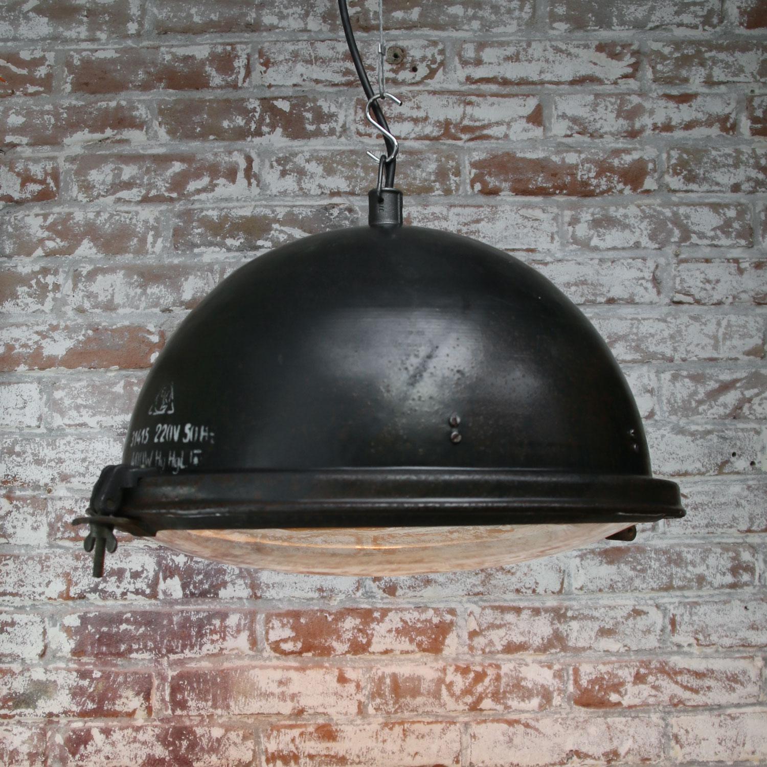 Black Enamel Vintage Industrial Clear Glass Pendant Lamp In Good Condition In Amsterdam, NL