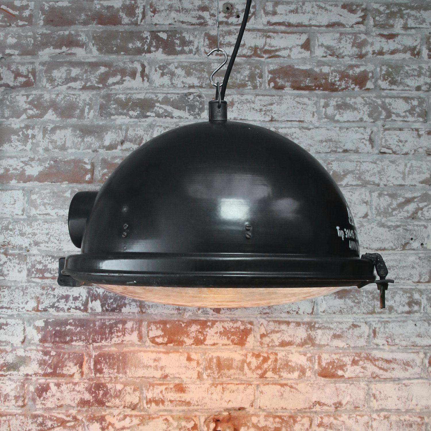 20th Century Black Enamel Vintage Industrial Clear Glass Pendant Lamp