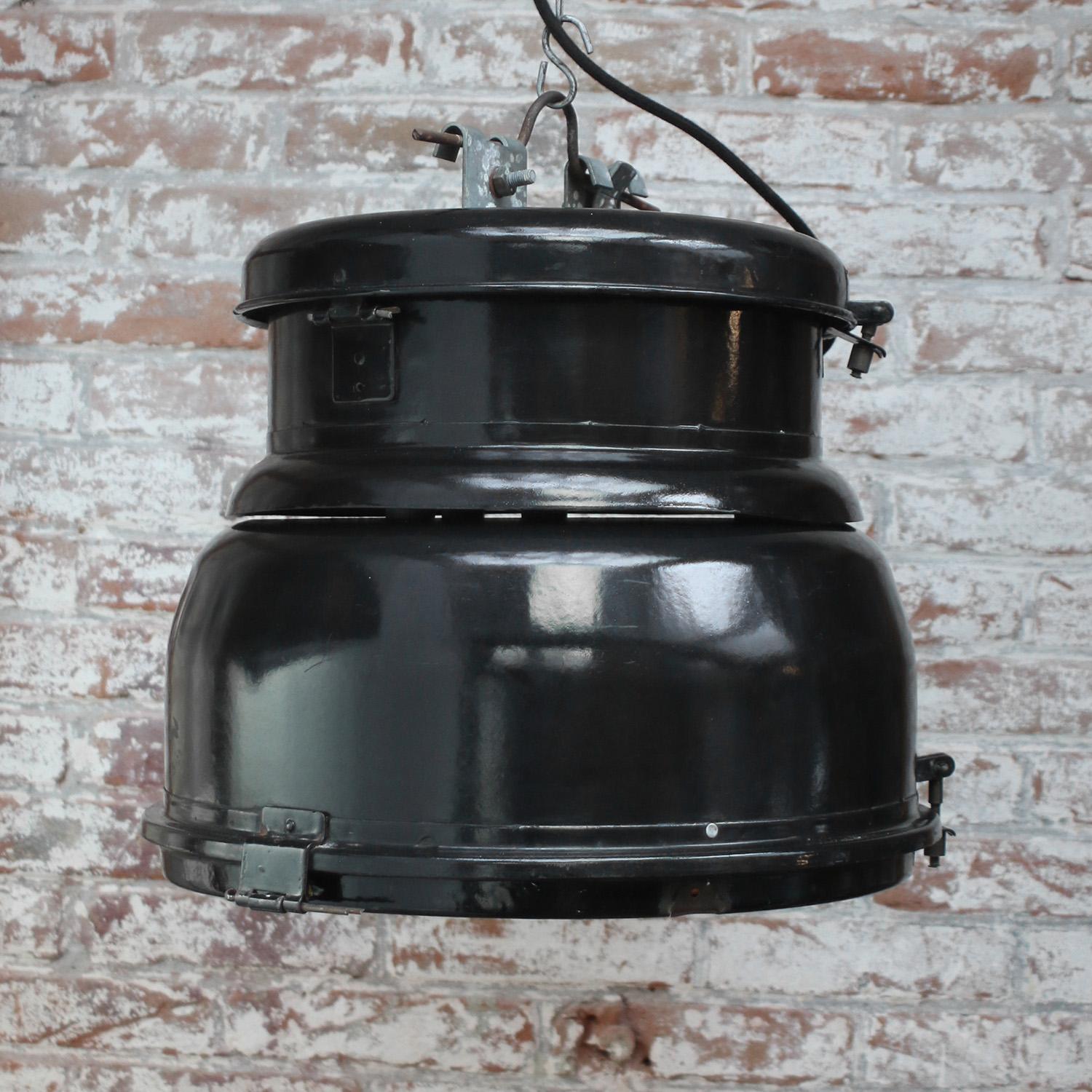 20th Century Black Enamel Vintage Industrial Clear Glass Pendant Lamps For Sale
