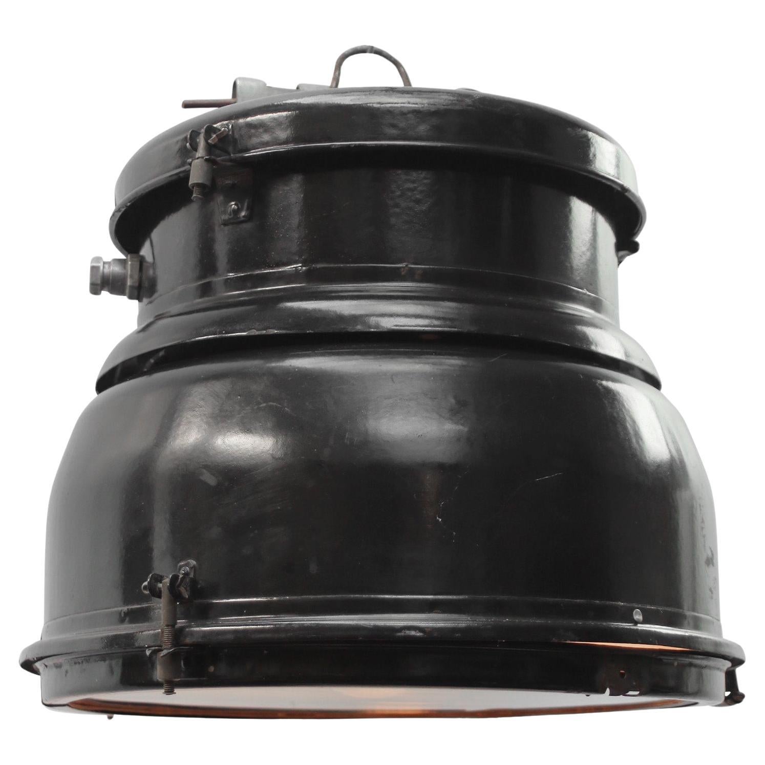 Black Enamel Vintage Industrial Clear Glass Pendant Lamps For Sale