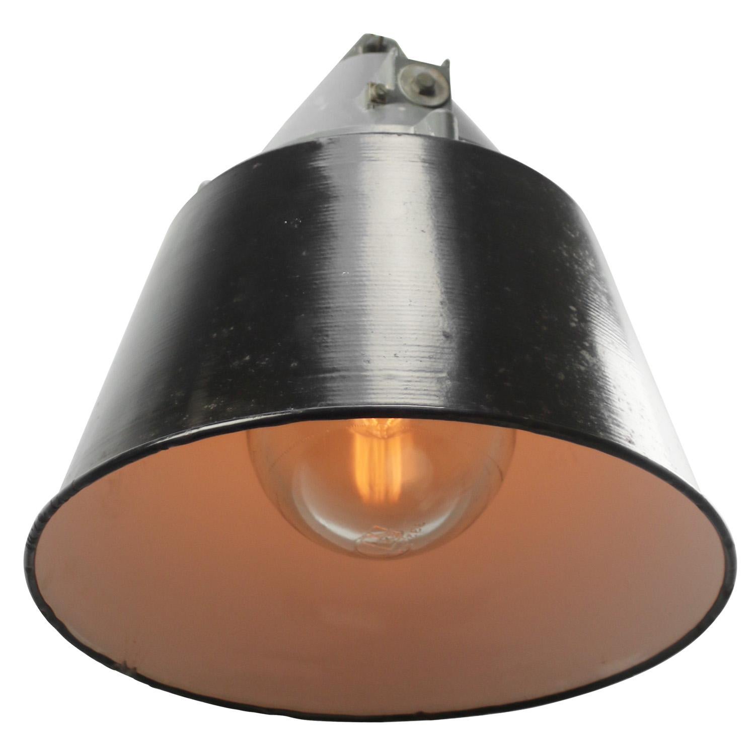 Black enamel vintage industrial pendant light
Cast aluminium top with clear glass

Weight: 7.00 kg / 15.4 lb

Priced per individual item. All lamps have been made suitable by international standards for incandescent light bulbs, energy-efficient and