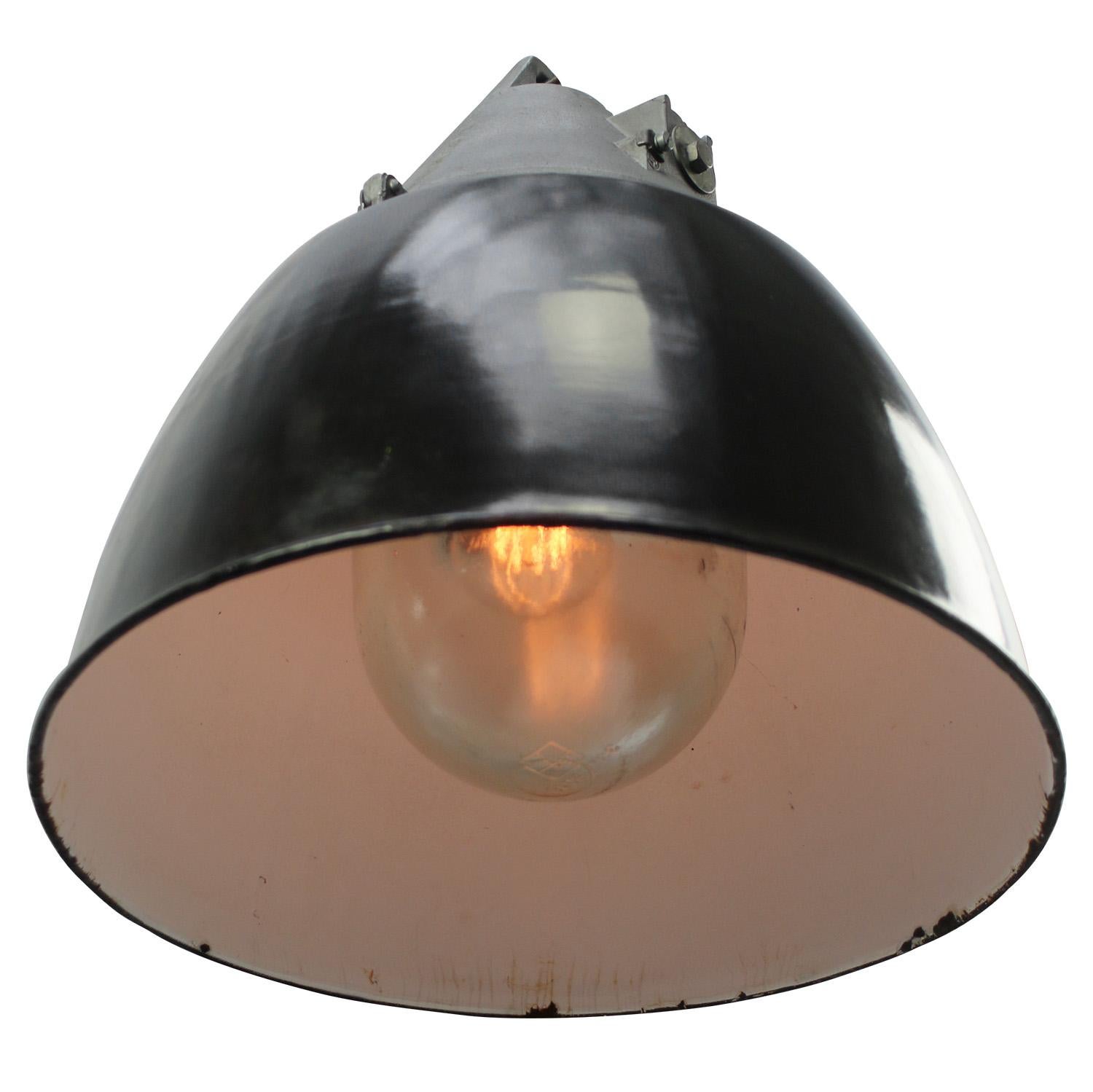 Black enamel vintage industrial pendant light
Cast aluminium top with clear glass

Weight: 7.00 kg / 15.4 lb

Priced per individual item. All lamps have been made suitable by international standards for incandescent light bulbs, energy-efficient and