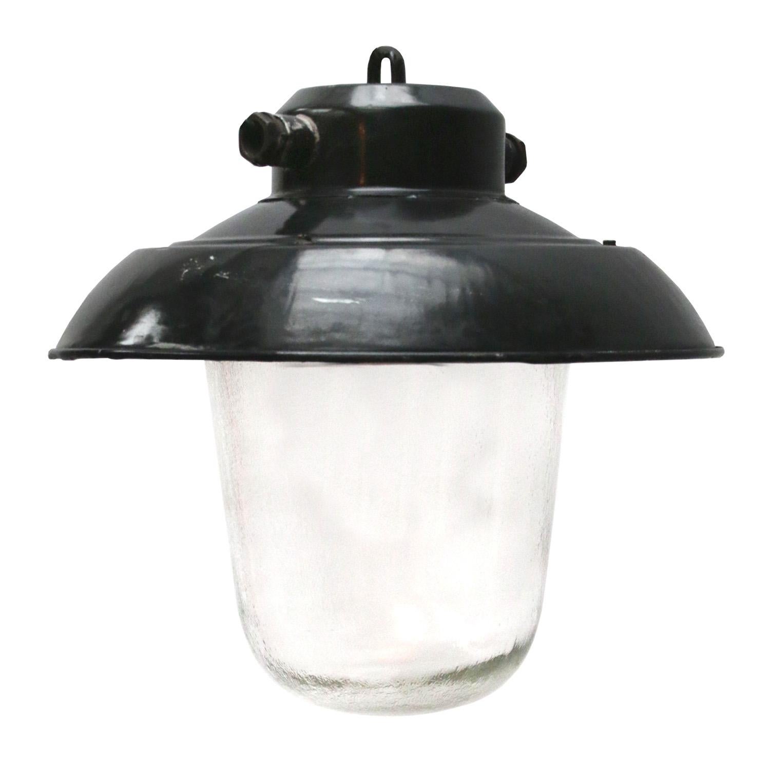 Czech Black Enamel Vintage Industrial Clear Glass Pendant Lights For Sale