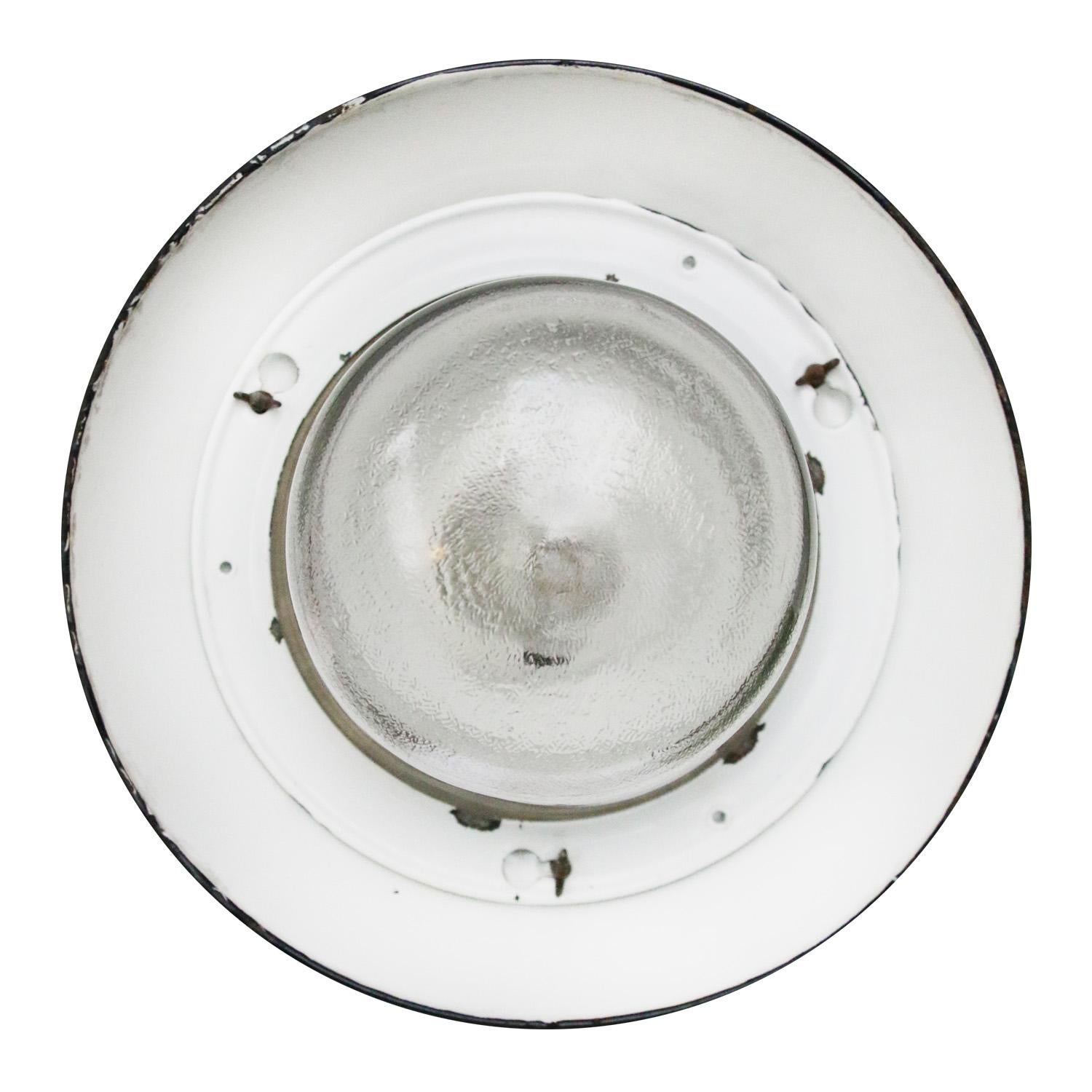 20th Century Black Enamel Vintage Industrial Clear Glass Pendant Lights For Sale