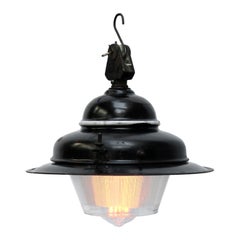 Black Enamel Vintage Industrial Clear Holophane Glass Pendant Light