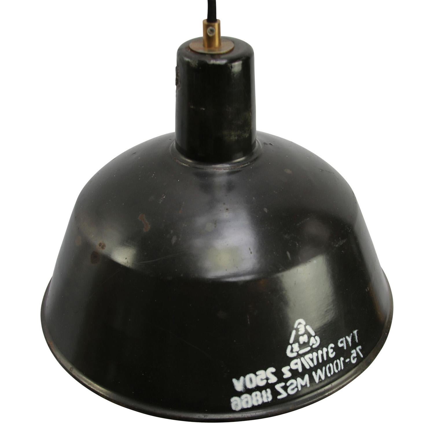 Factory hanging light.
black enamel, white type, white interior.

Weight: 1.20 kg / 2.6 lb.

Priced per individual item. All lamps have been made suitable by international standards for incandescent light bulbs, energy-efficient and LED bulbs.