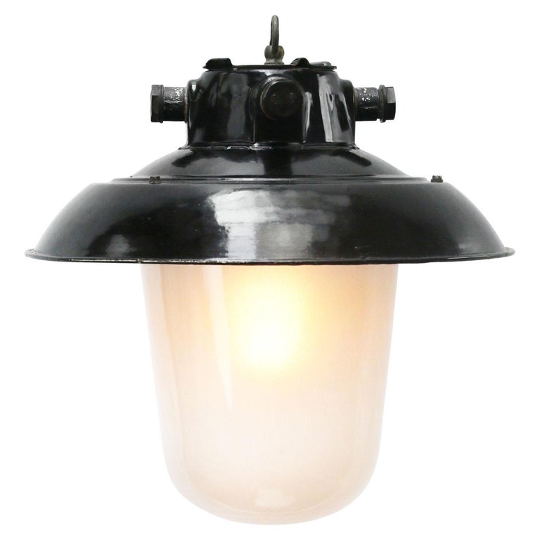 Black enamel industrial lamp. Frosted glass.

Weight 3.0 kg / 6.6 lb. 

Priced per individual item. All lamps have been made suitable by international standards for incandescent light bulbs, energy-efficient and LED bulbs. E26/E27 bulb holders