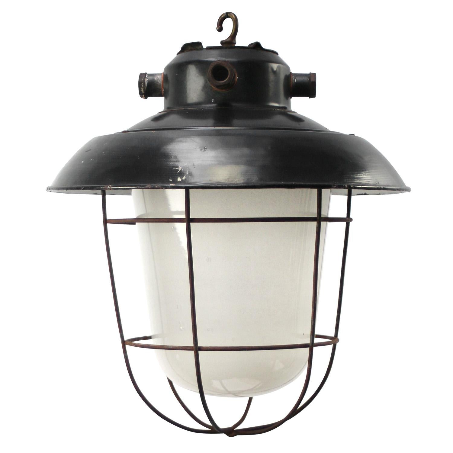 Black enamel industrial lamp. Frosted glass.

Weight 3.0 kg / 6.6 lb. 

Priced per individual item. All lamps have been made suitable by international standards for incandescent light bulbs, energy-efficient and LED bulbs. E26/E27 bulb holders and