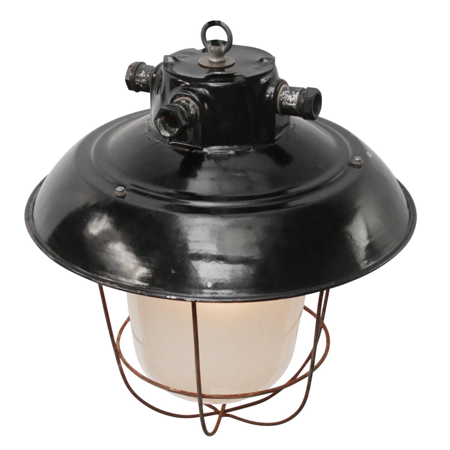 Czech Black Enamel Vintage Industrial Frosted Glass Pendant Light