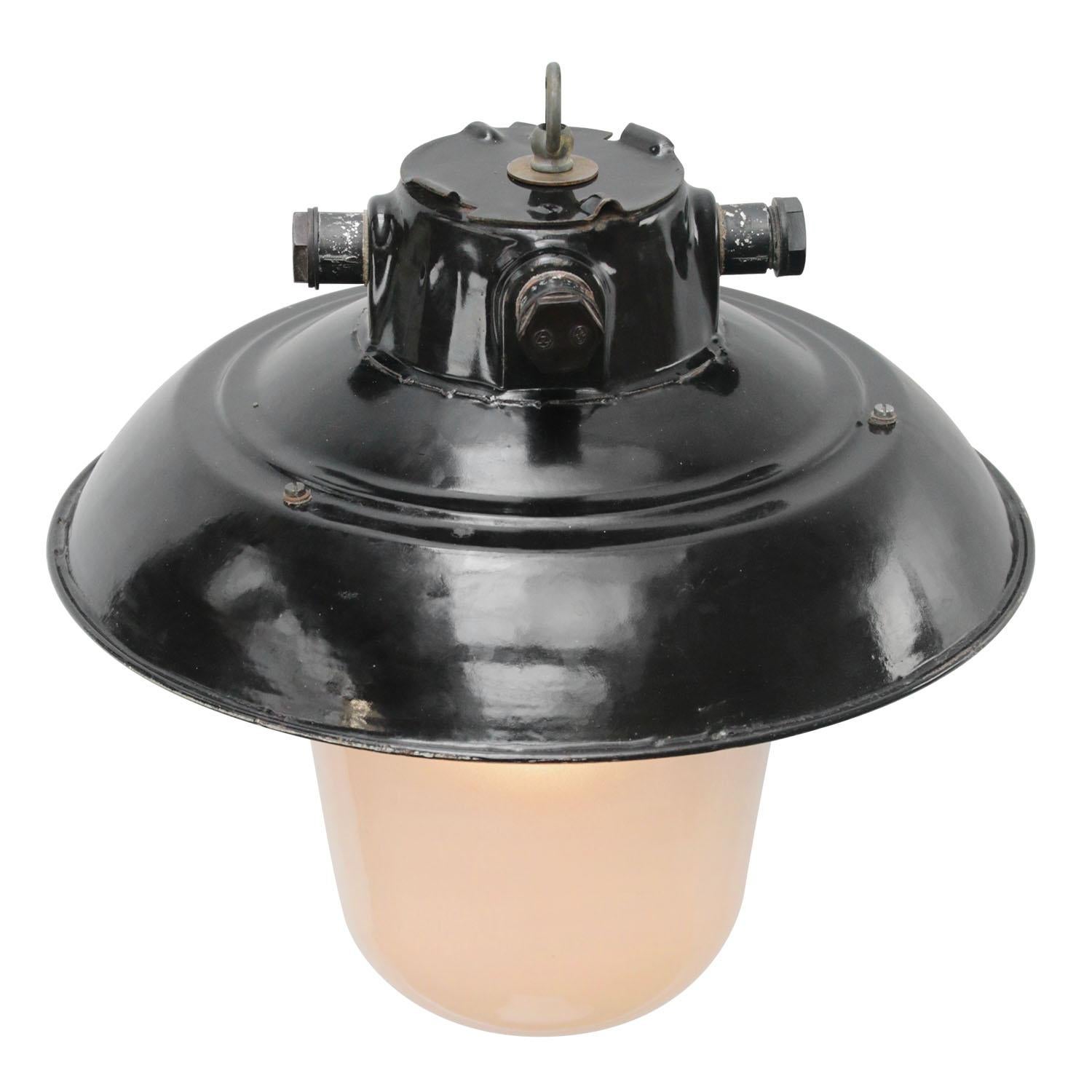 Czech Black Enamel Vintage Industrial Frosted Glass Pendant Lights