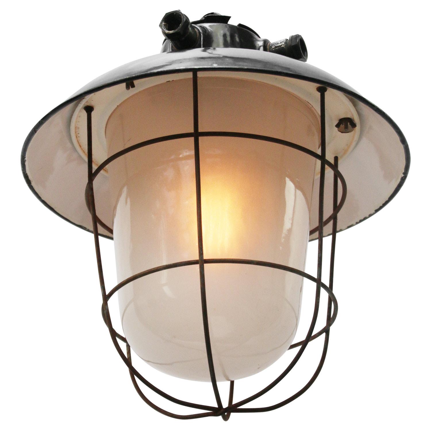 Black Enamel Vintage Industrial Frosted Glass Pendant Light In Good Condition In Amsterdam, NL