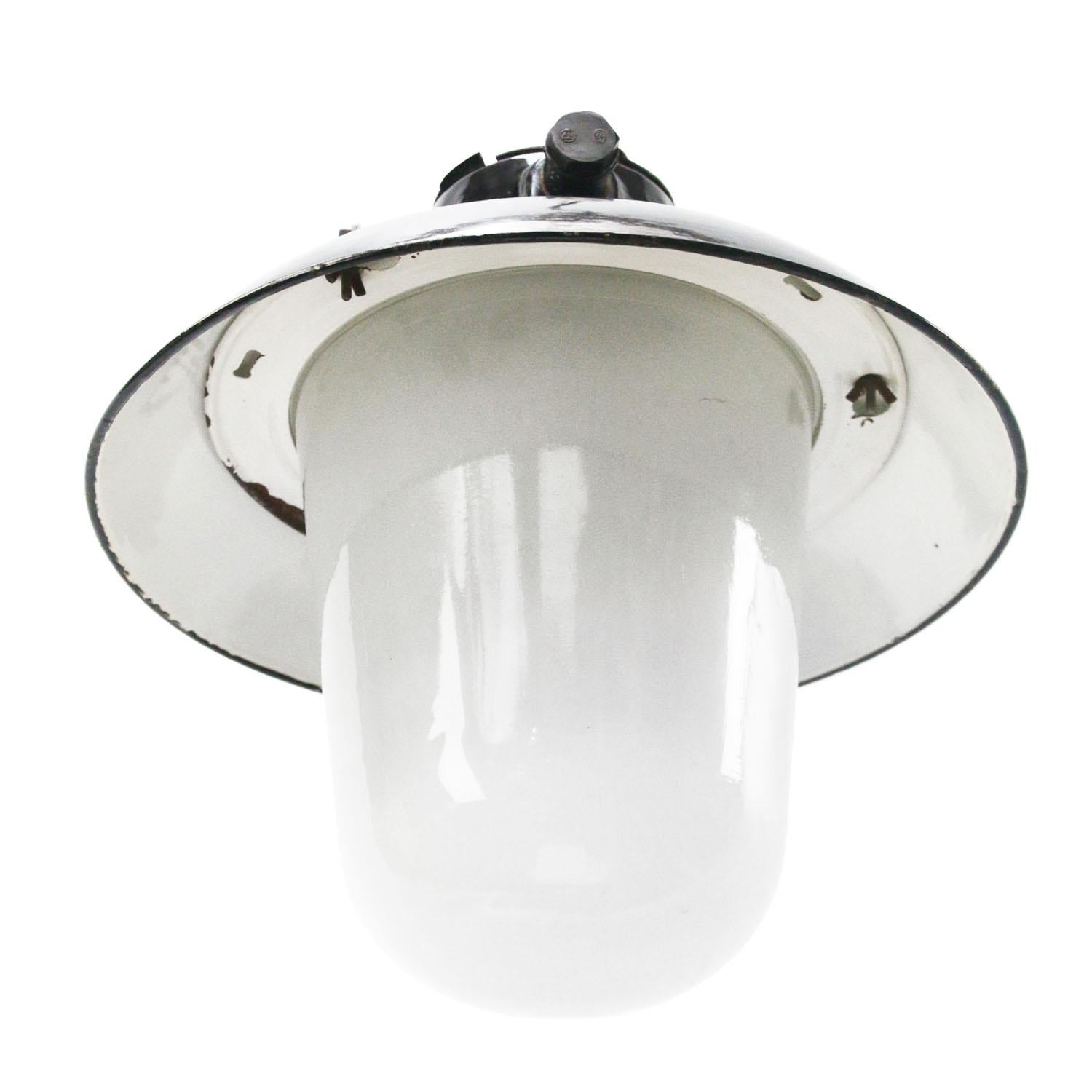Black Enamel Vintage Industrial Frosted Glass Pendant Lights In Good Condition In Amsterdam, NL