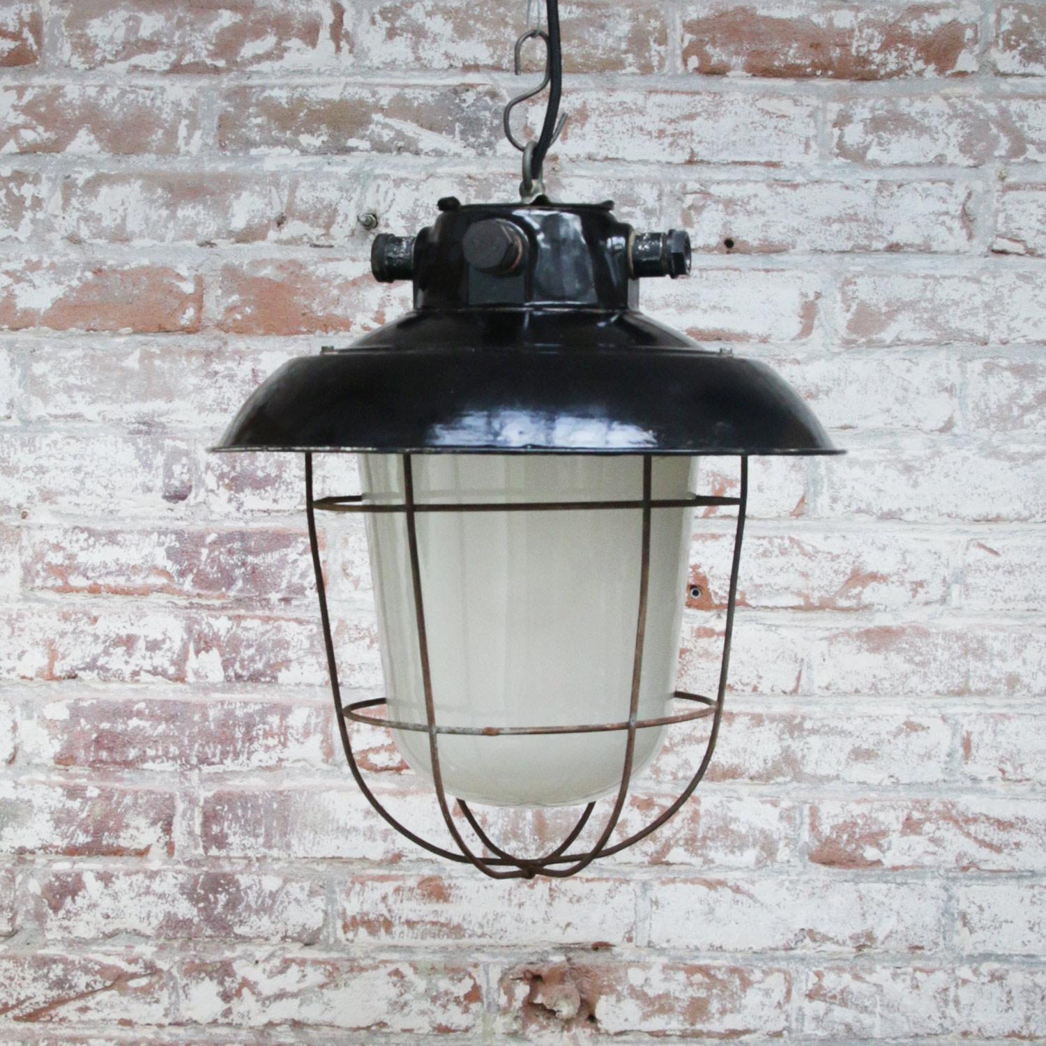 20th Century Black Enamel Vintage Industrial Frosted Glass Pendant Light