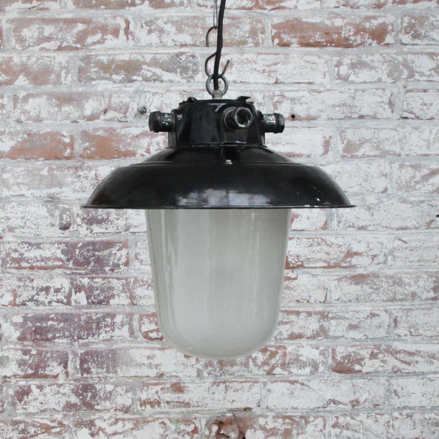 20th Century Black Enamel Vintage Industrial Frosted Glass Pendant Lights