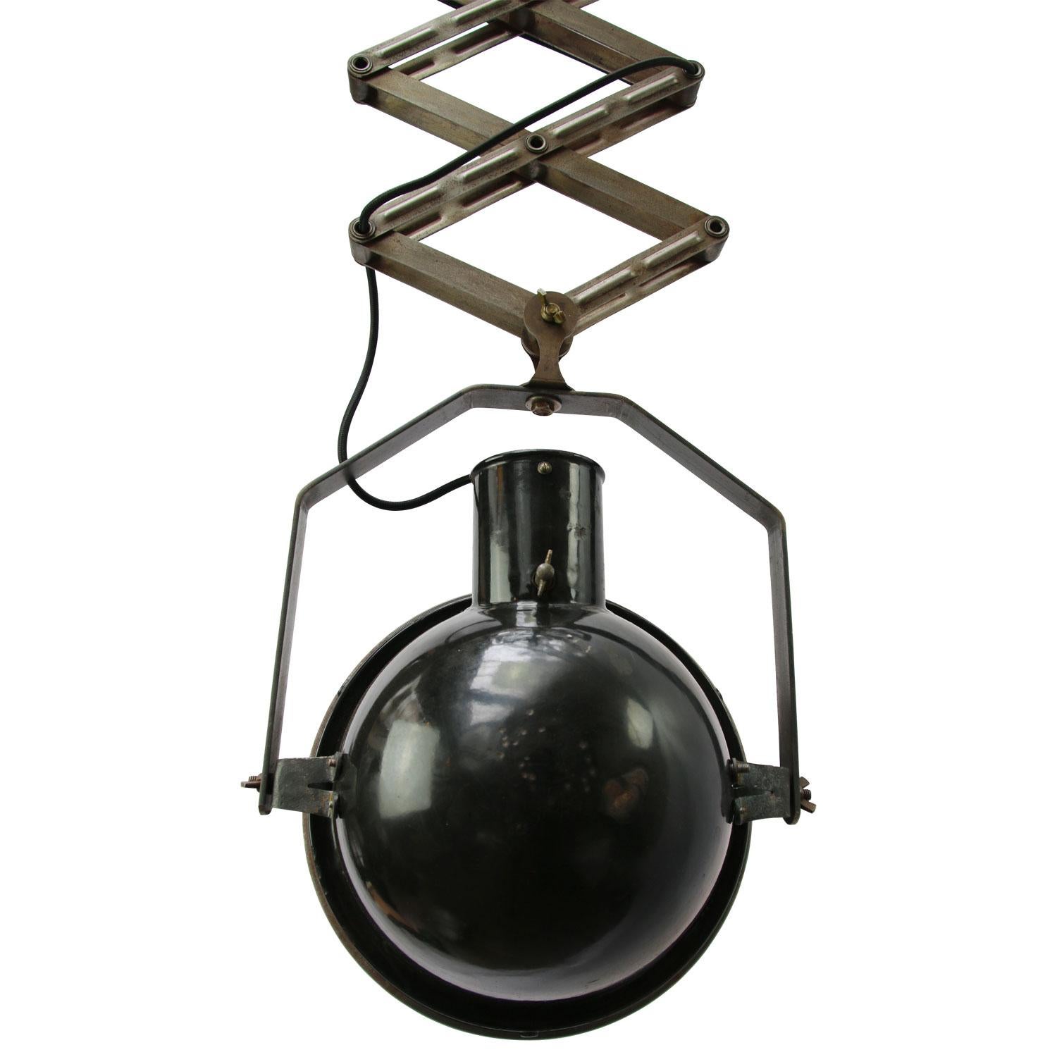 20th Century Black Enamel Vintage Industrial Metal Holophane Glass Scissor Light