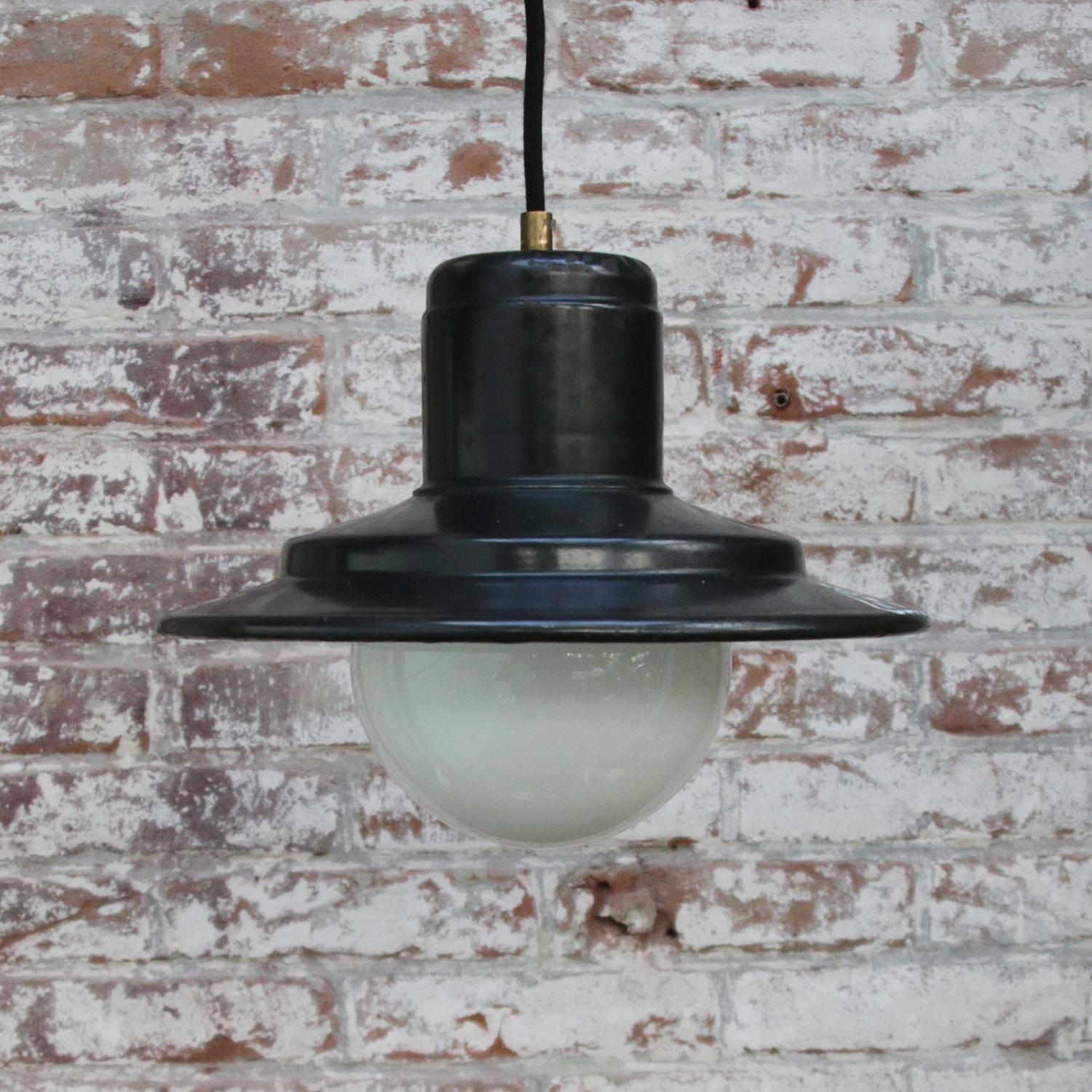 Black Enamel Vintage Industrial Opaline Glass Factory Hanging Light Pendant In Good Condition In Amsterdam, NL