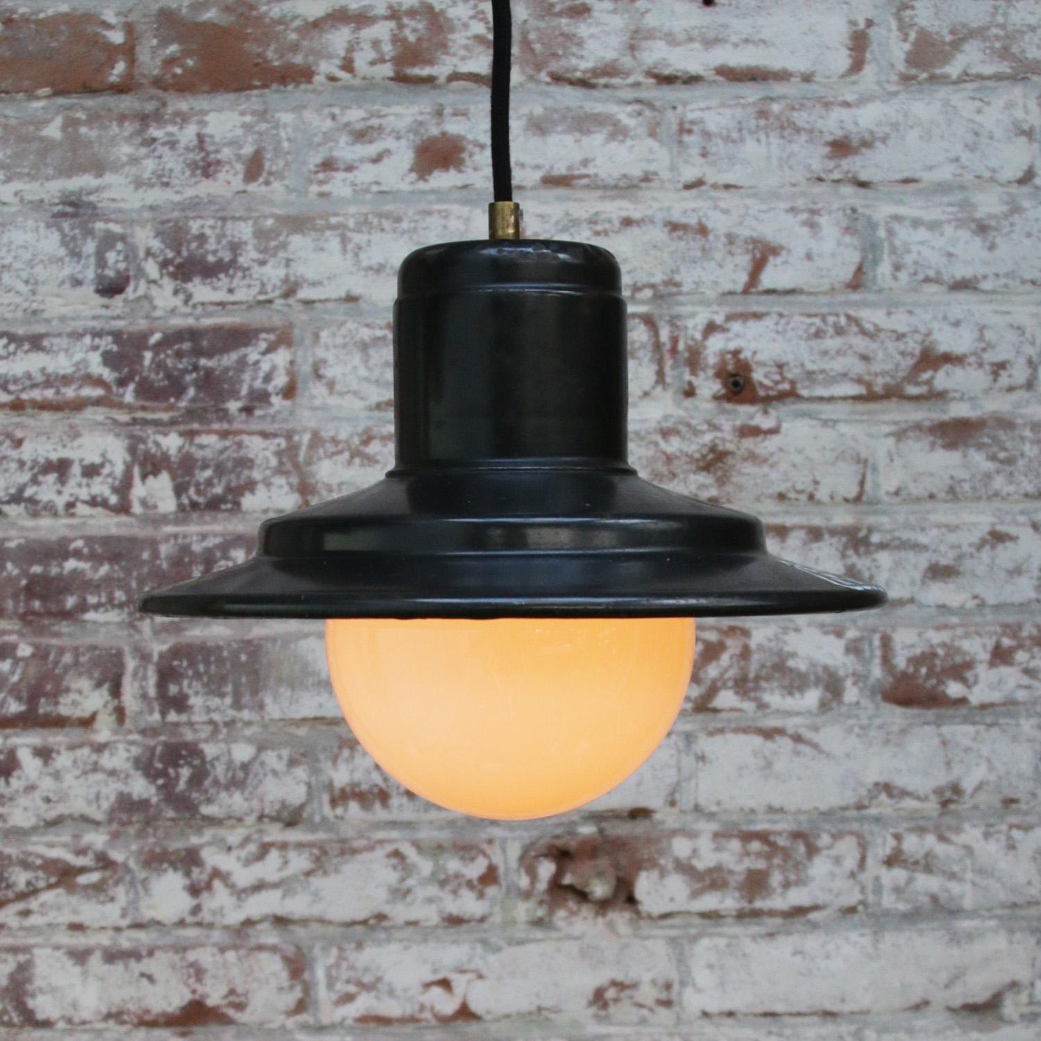 20th Century Black Enamel Vintage Industrial Opaline Glass Factory Hanging Light Pendant