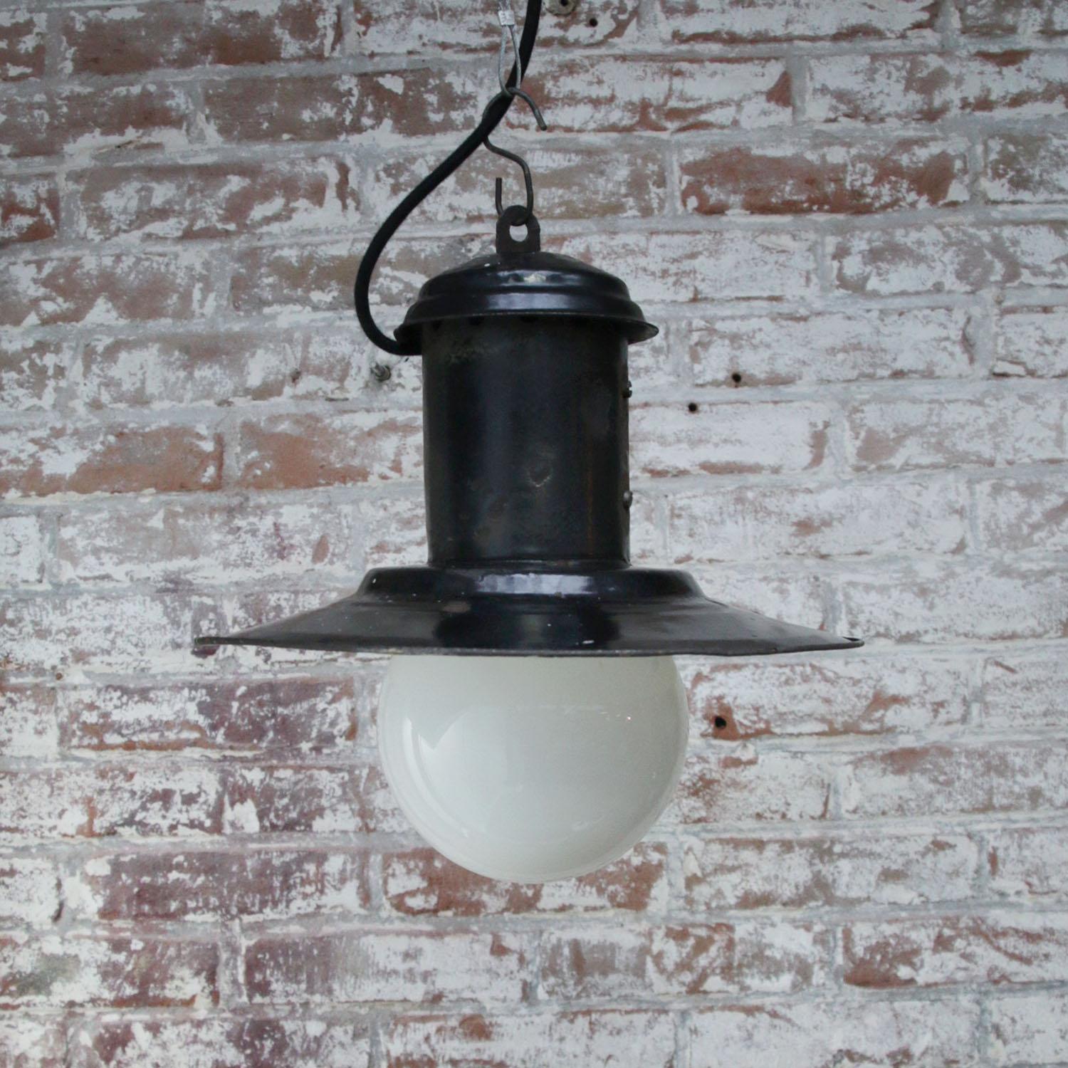 20th Century Black Enamel Vintage Industrial Opaline Glass Pendant Light