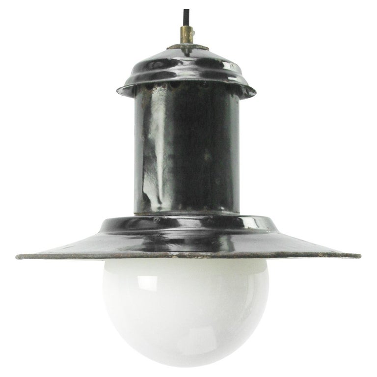 Black Enamel Vintage Industrial Opaline Glass Pendant Light For Sale
