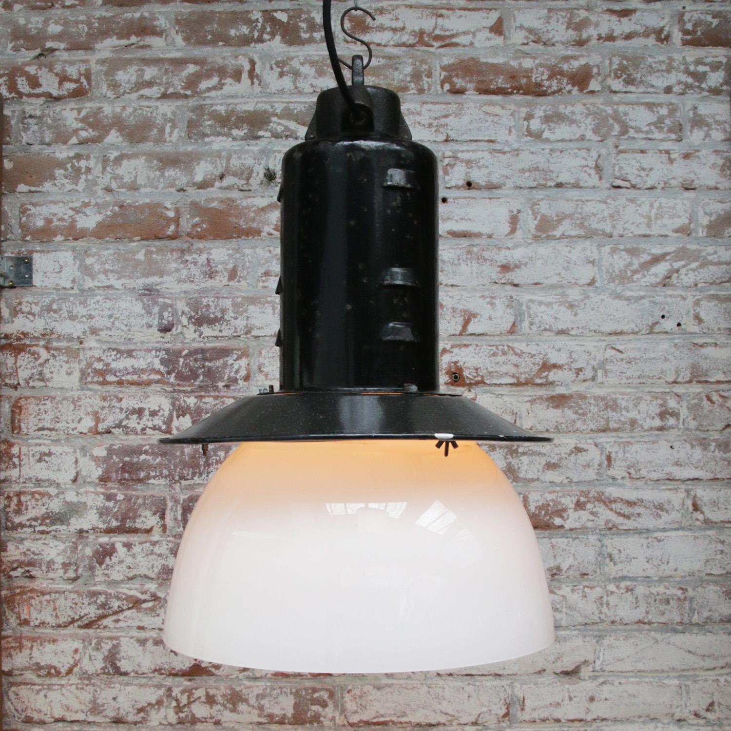 Black Enamel Vintage Industrial Opaline Glass Pendant Light In Good Condition In Amsterdam, NL