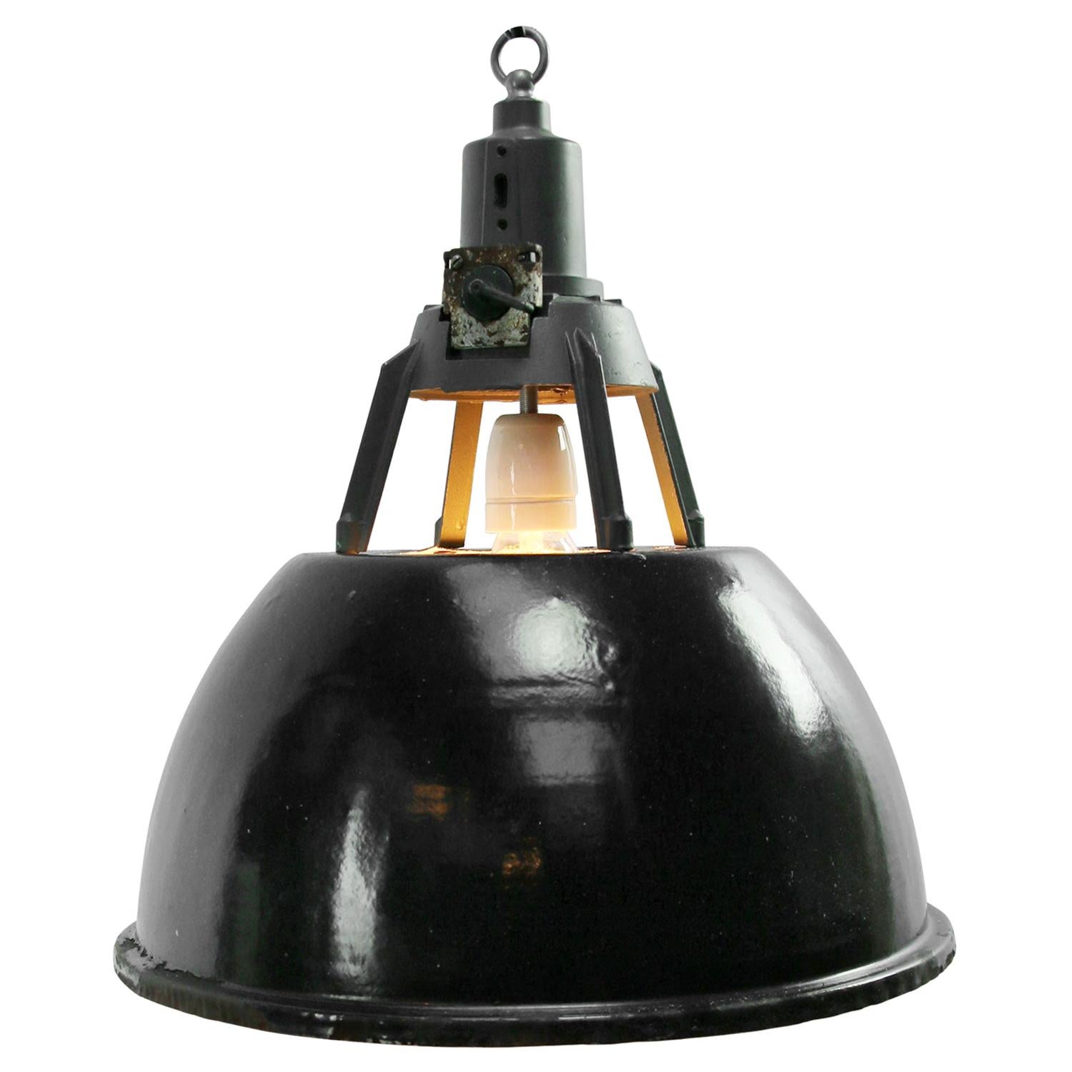 Black Enamel Vintage Industrial Pendant Light For Sale