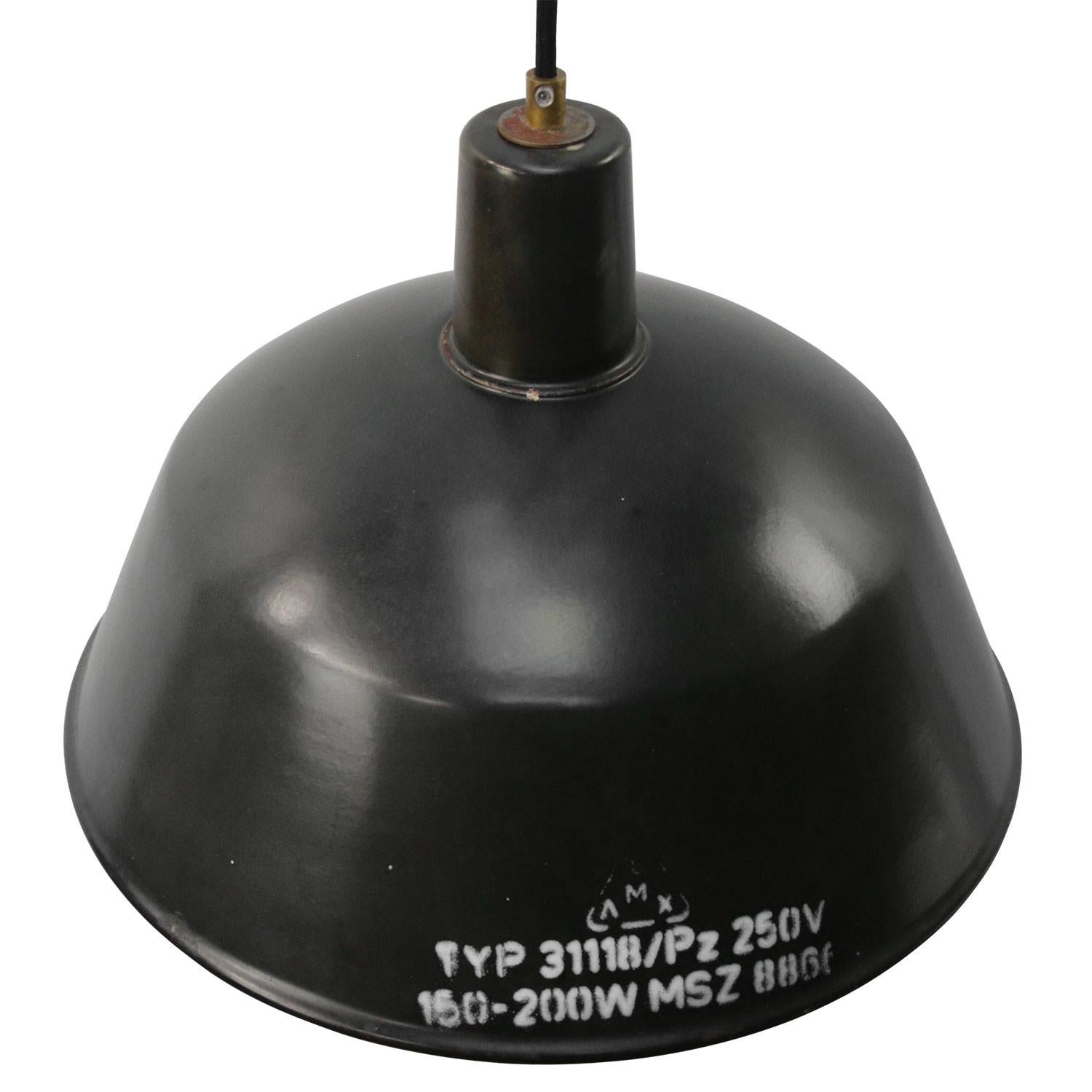 Black industrial pendant. 
Black enamel with white type, white interior

Weight: 2.00 kg / 4.4 lb

Priced per individual item. All lamps have been made suitable by international standards for incandescent light bulbs, energy-efficient and LED