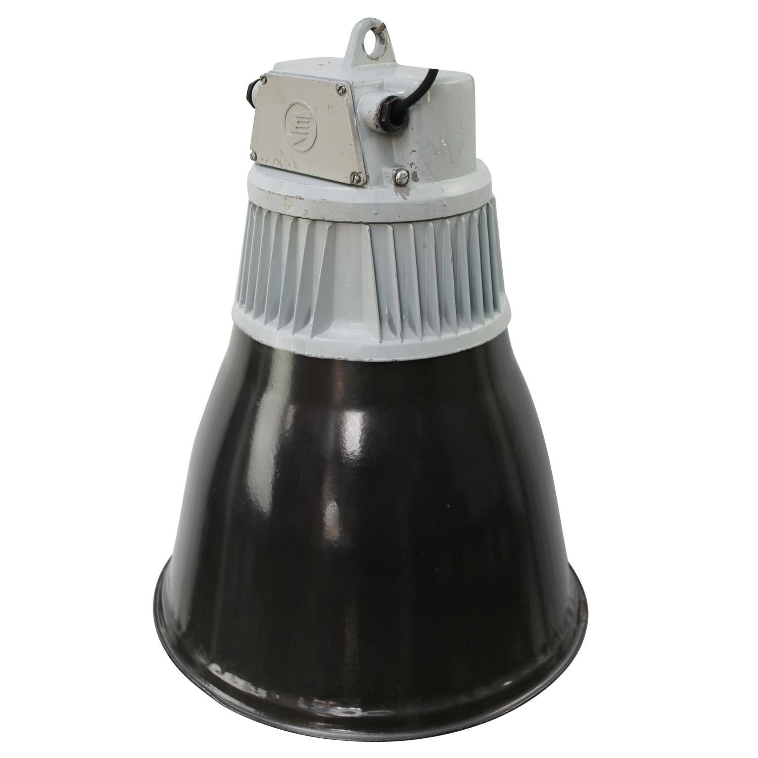 Industrial hanging lamp. 
Black enamel shade with gray cast aluminum top.

Weight: 5.0 kg / 11 lb

Priced per individual item. All lamps have been made suitable by international standards for incandescent light bulbs, energy-efficient and LED bulbs.