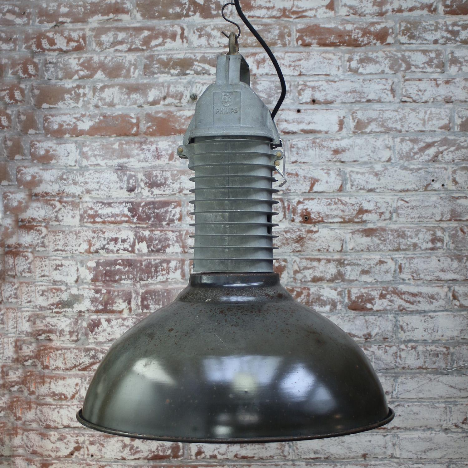 20th Century Black Enamel Vintage Industrial Philips Dutch Design Classic Pendant Lights For Sale