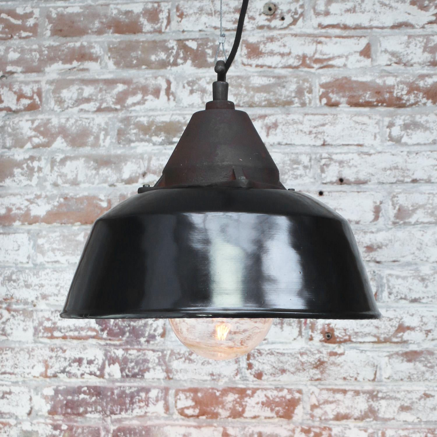 Black Enamel Vintage Industrial Rust Cast Iron Clear Glass Pendant Light In Good Condition In Amsterdam, NL