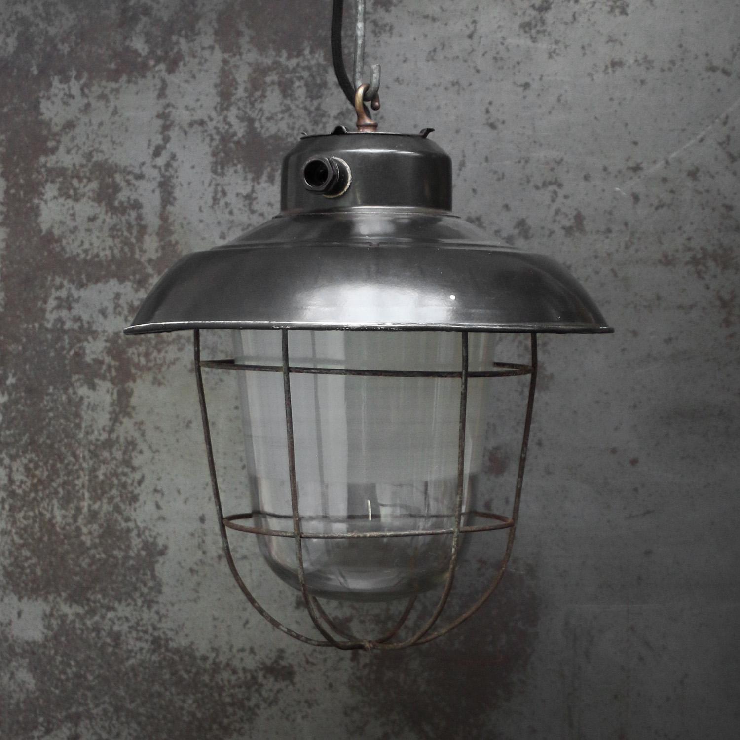 Black enamel industrial pendant lamp
clear glass with frosted stripe

Weight 3.0 kg / 6.6 lb. 

Priced per individual item. All lamps have been made suitable by international standards for incandescent light bulbs, energy-efficient and LED bulbs.