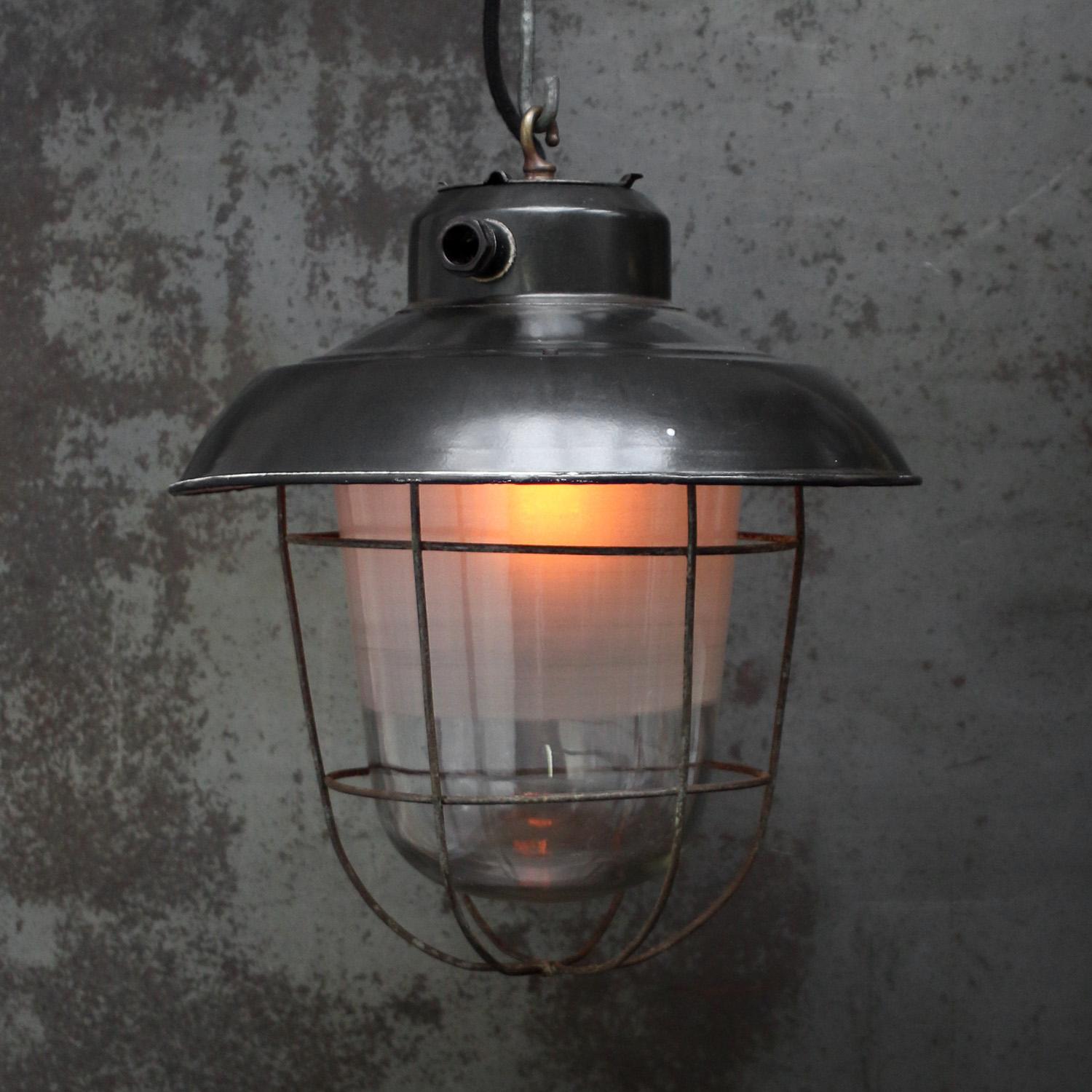 Czech Black Enamel Vintage Industrial Semi Frosted Glass Pendant Lights For Sale