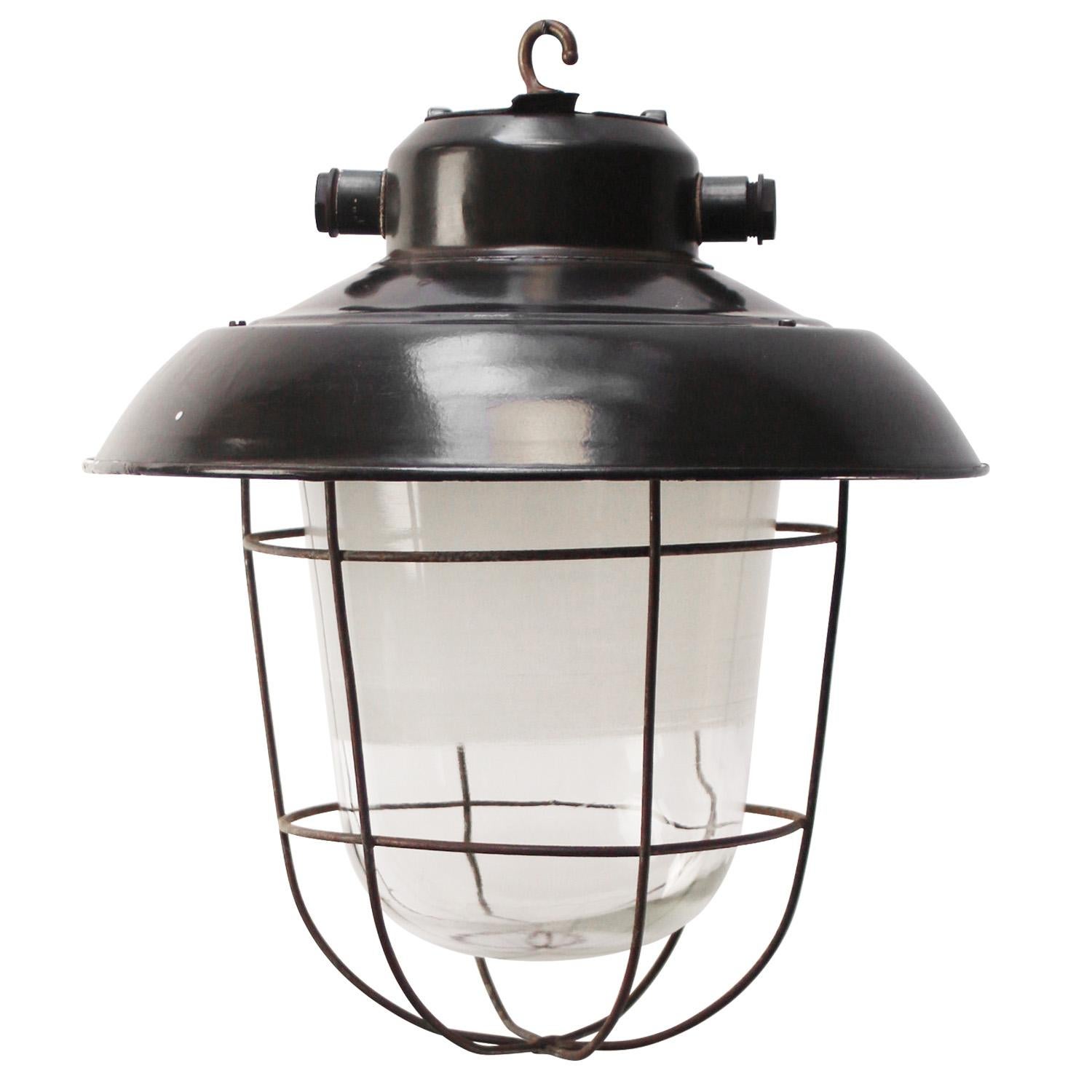 Black Enamel Vintage Industrial Semi Frosted Glass Pendant Lights In Good Condition For Sale In Amsterdam, NL