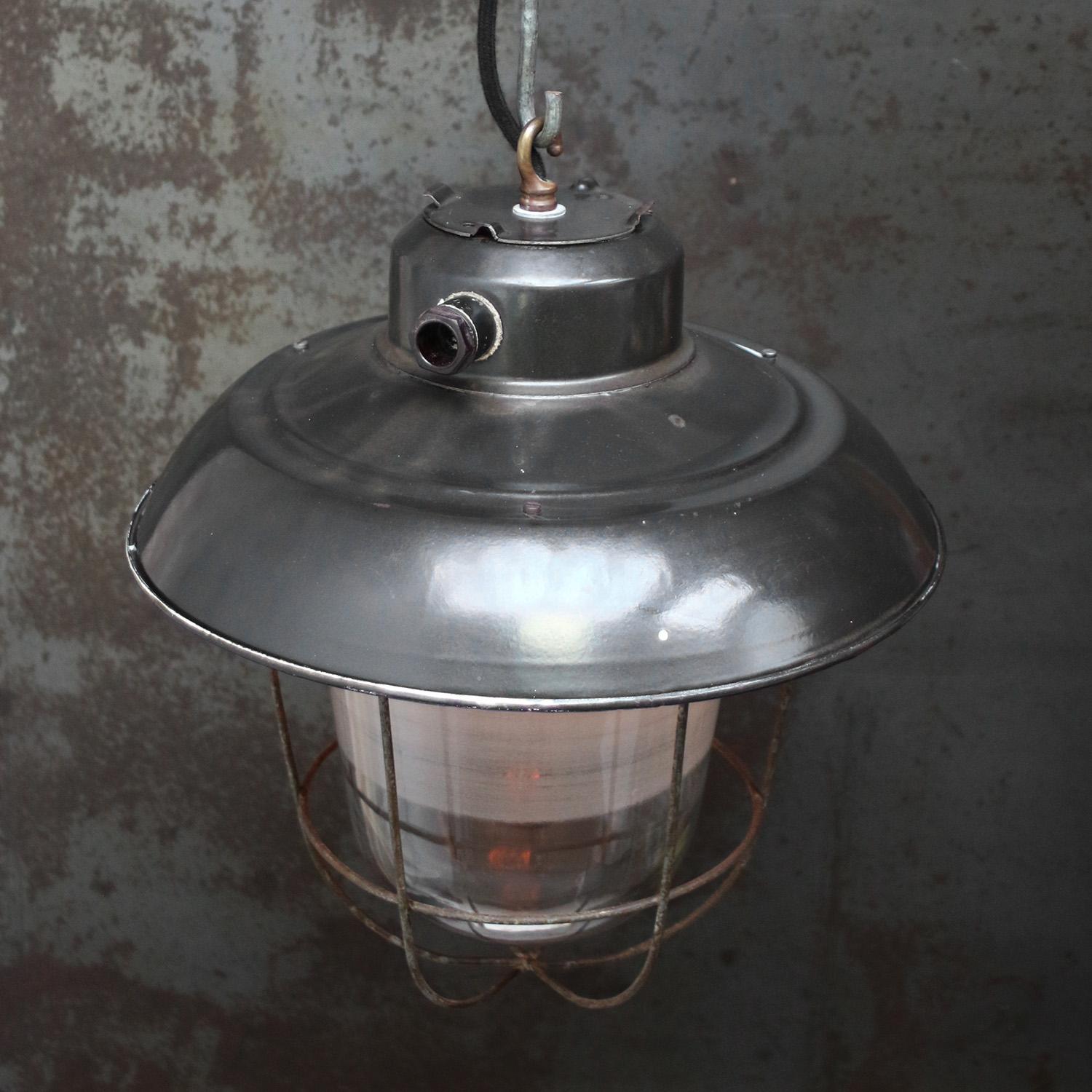 20th Century Black Enamel Vintage Industrial Semi Frosted Glass Pendant Lights For Sale