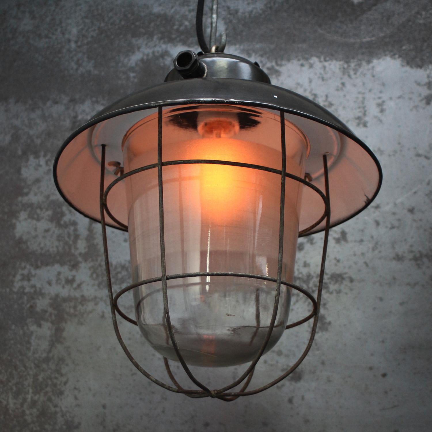 Black Enamel Vintage Industrial Semi Frosted Glass Pendant Lights For Sale 1