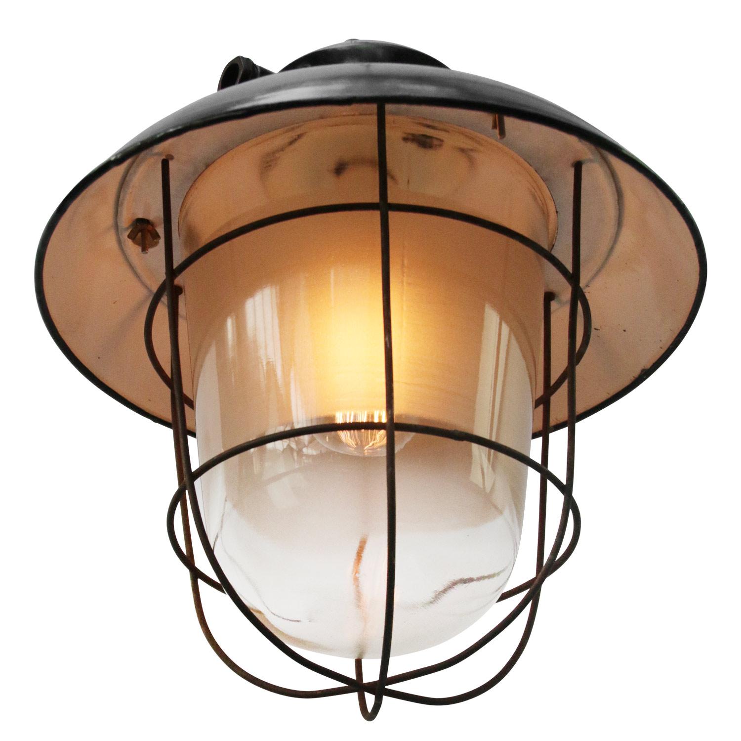 Czech Black Enamel Vintage Industrial Semi Frosted Pendant Lights