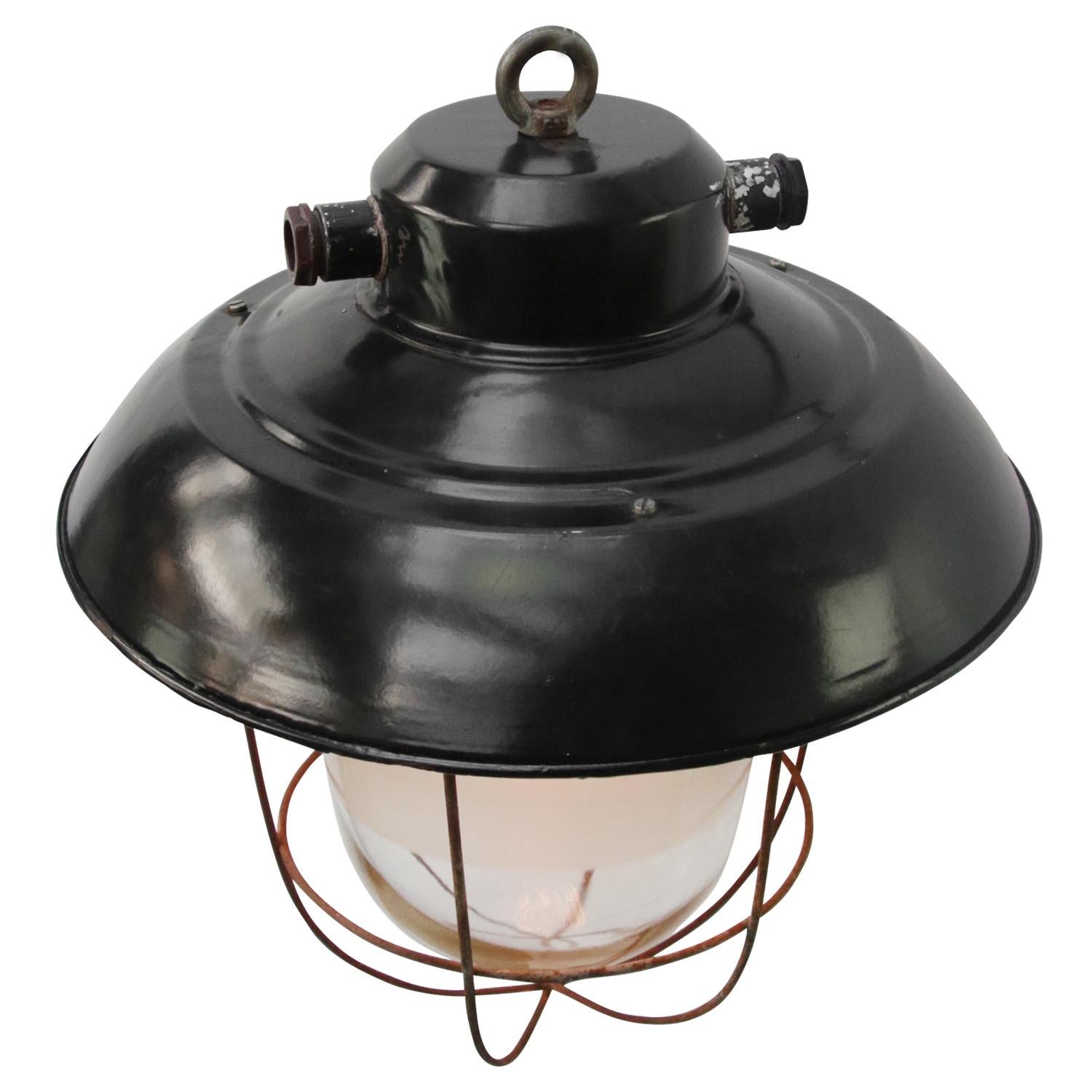 Black Enamel Vintage Industrial Semi Frosted Pendant Lights In Good Condition In Amsterdam, NL