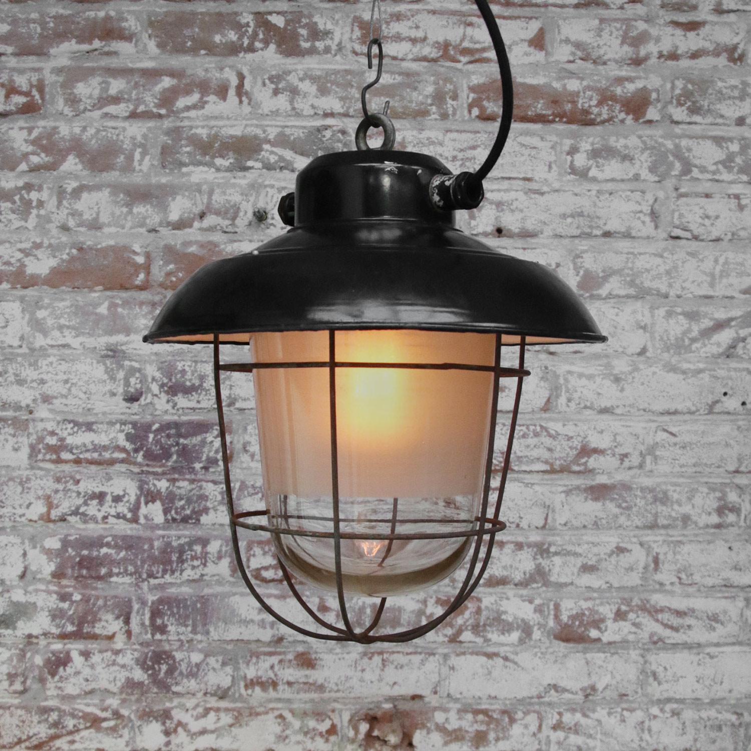 20th Century Black Enamel Vintage Industrial Semi Frosted Pendant Lights