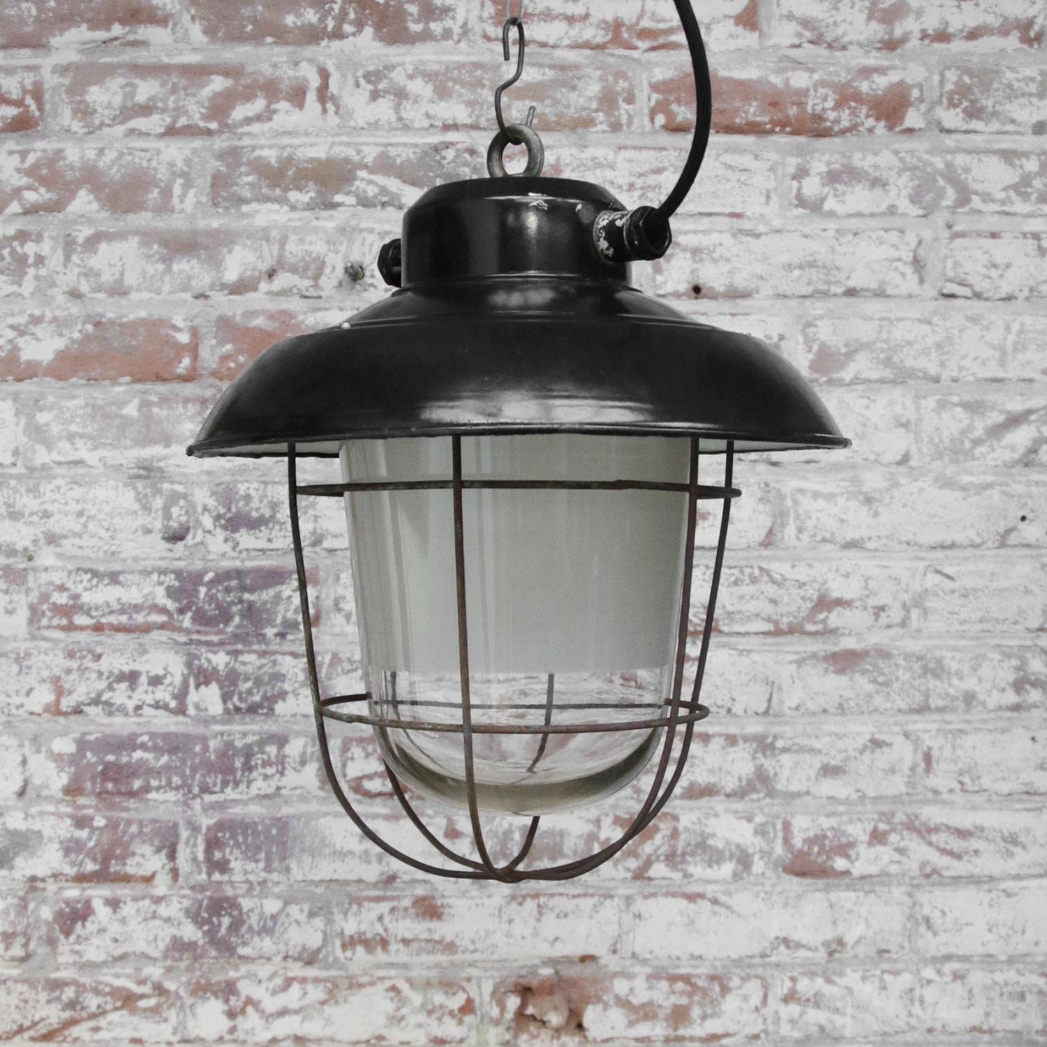 Black Enamel Vintage Industrial Semi Frosted Pendant Lights 1