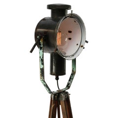 Black Enamel Vintage Industrial Spot Light Tripod Wooden Legs