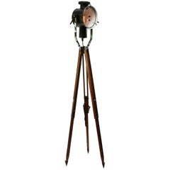 Black Enamel Vintage Industrial Spot Light Tripod Wooden Legs