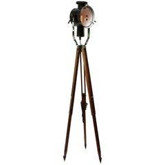 Black Enamel Vintage Industrial Spot Light Tripod Wooden Legs