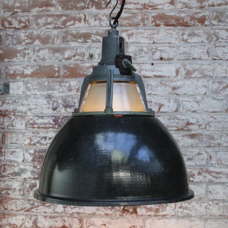 Black Enamel Vintage Industrial Striped Glass Pendant Light For Sale