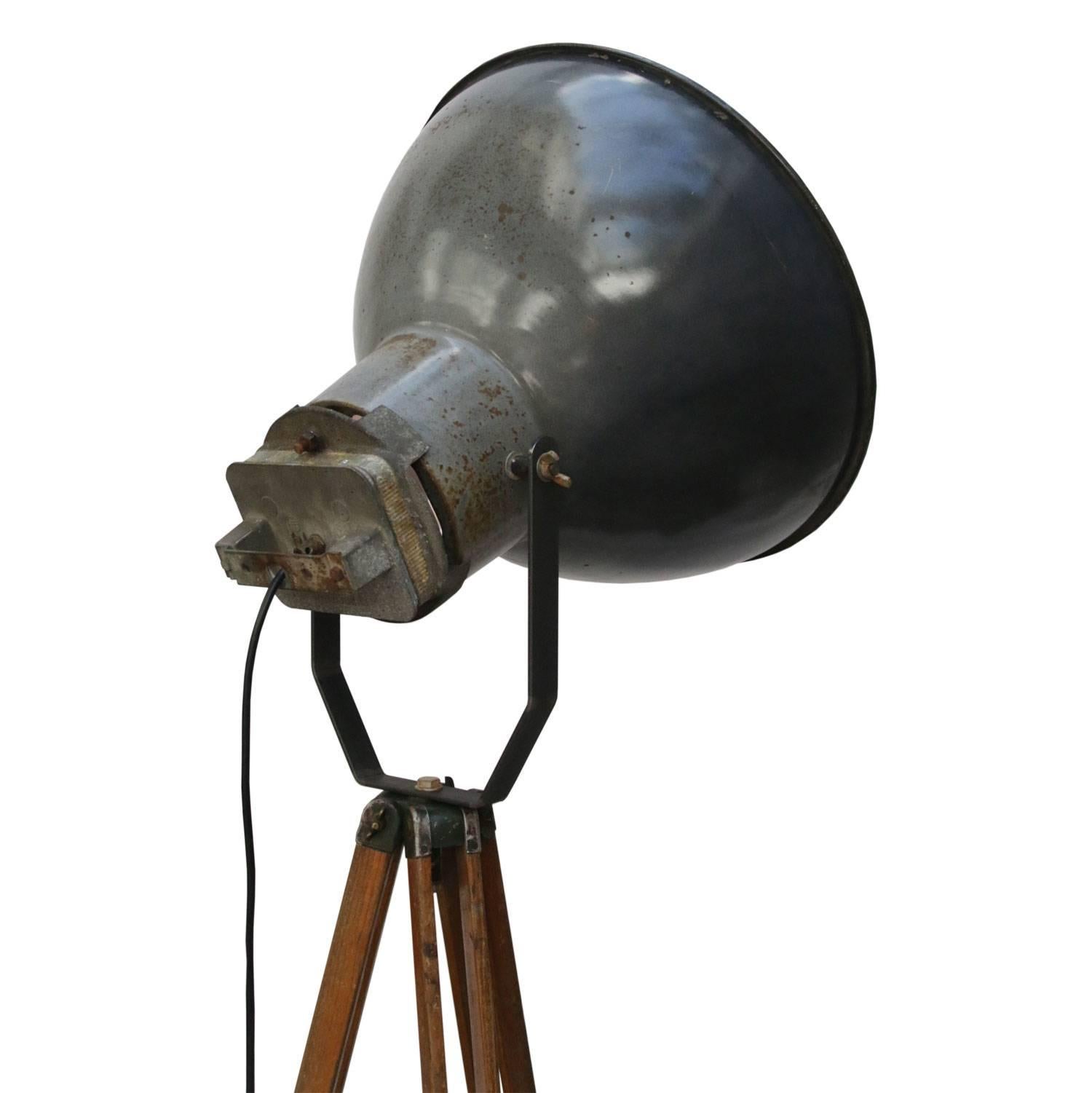 French Black Enamel Vintage Industrial Wooden Tripod Lamps